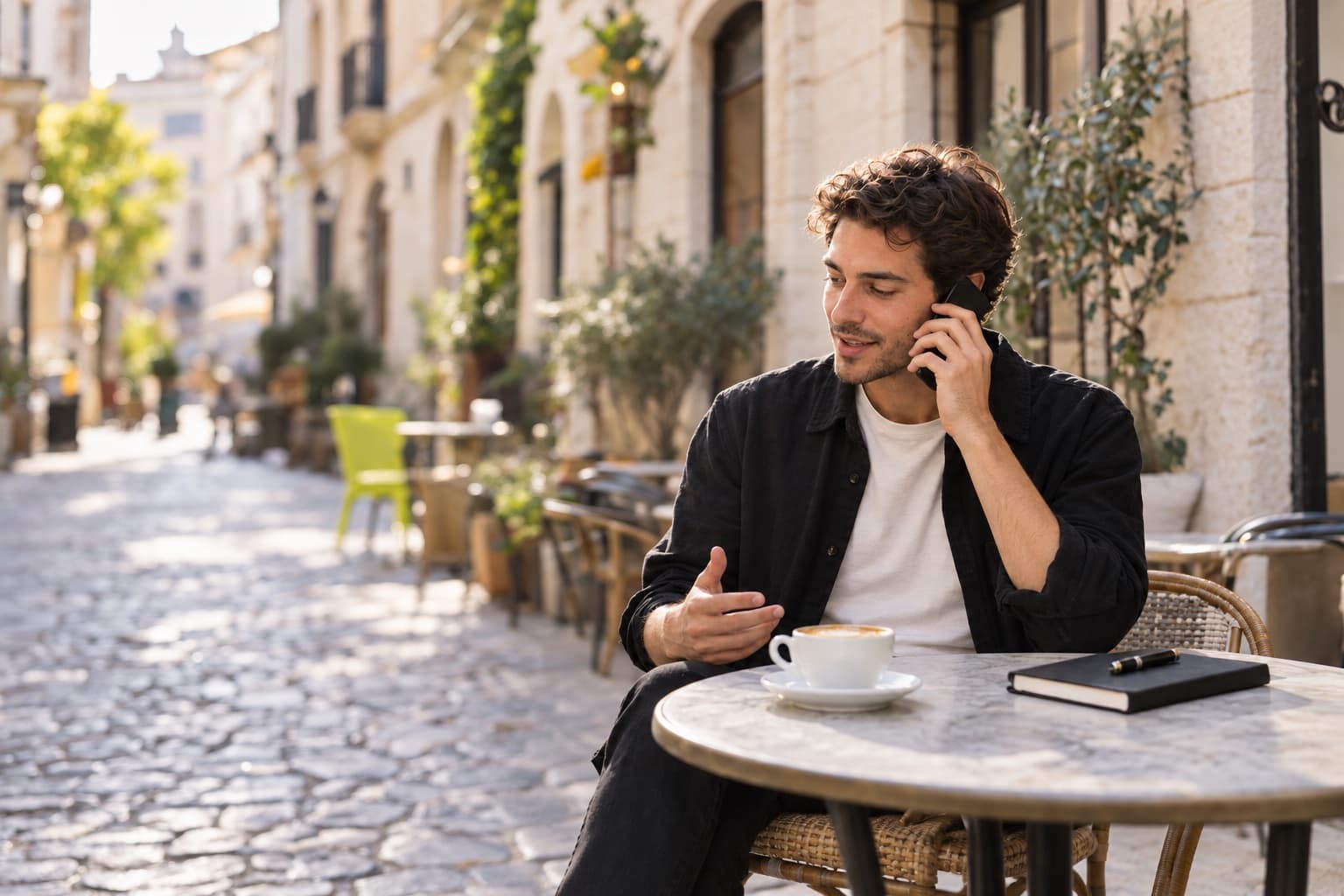A consultant taking a phone call at a café table on a sunlit cobbled street abroad.