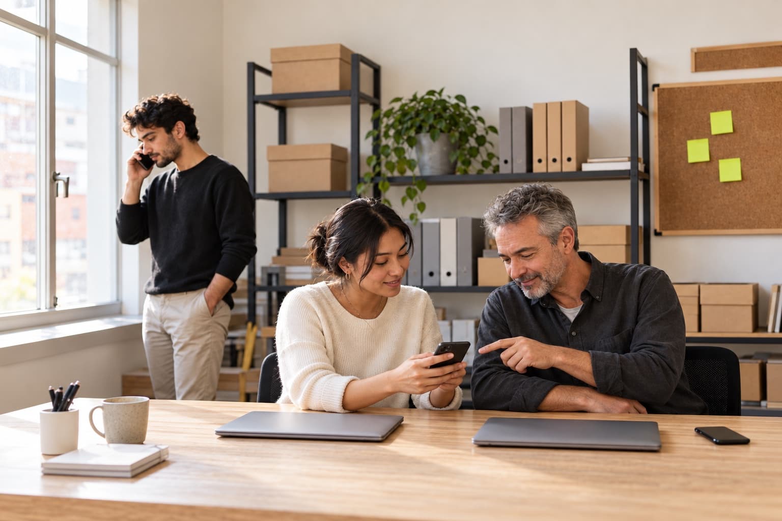 A small team in a shared workspace: two colleagues look at a phone together while a third takes a call by the window.
