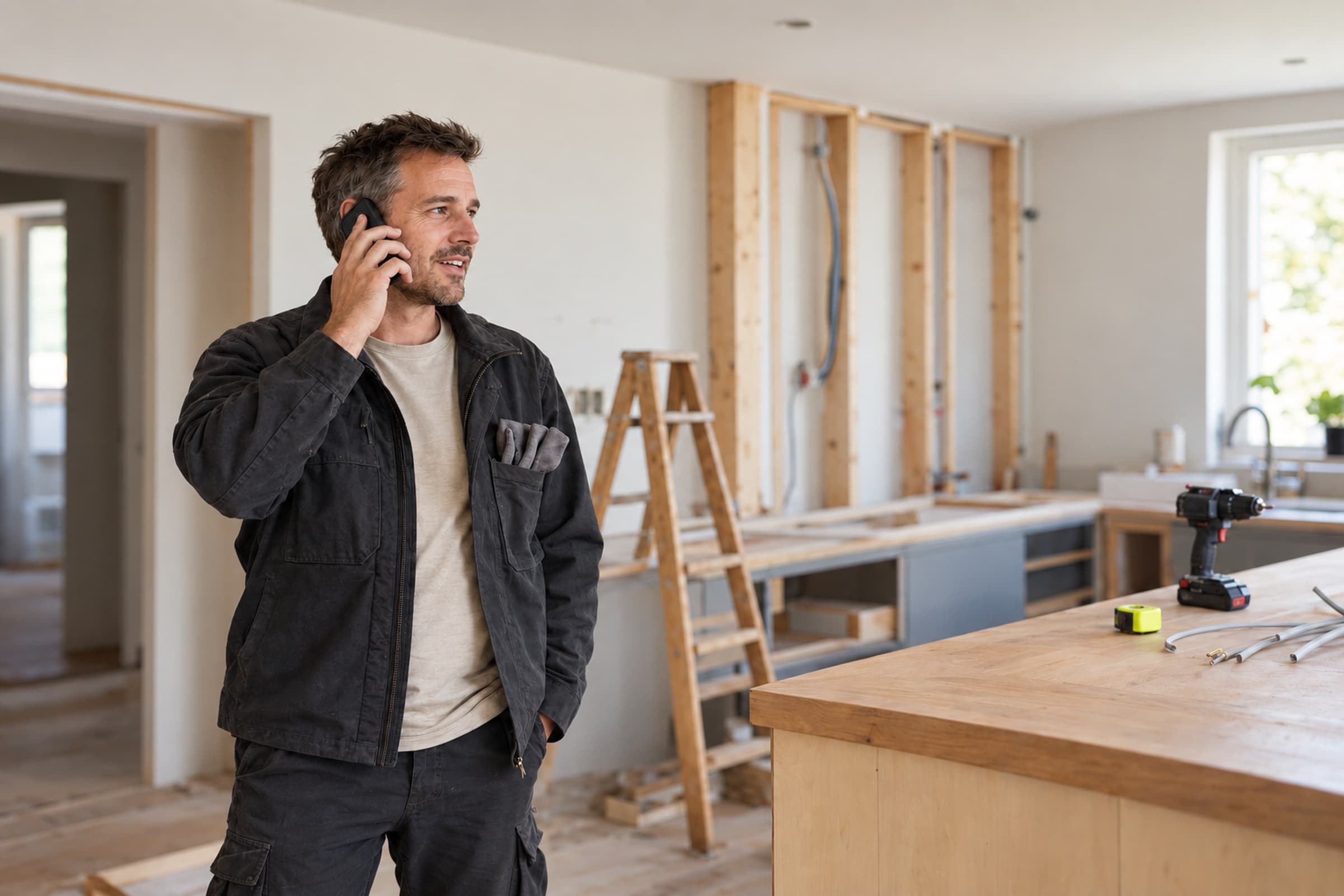 A tradesperson on a phone call in a kitchen that is being renovated.